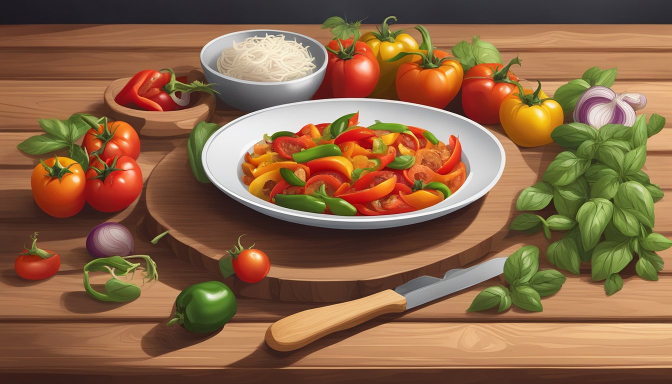 A plate of traditional piperade sits on a rustic wooden table, surrounded by colorful ingredients like tomatoes, peppers, and onions