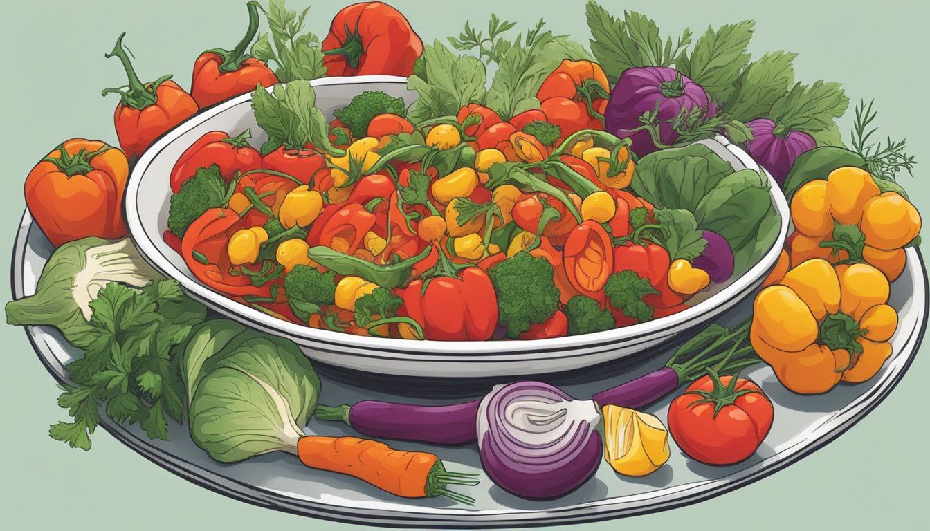 A plate of piperade surrounded by colorful vegetables and herbs, with a fork poised to take a bite