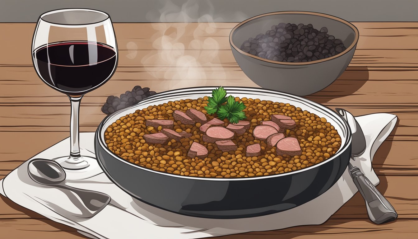 A rustic wooden table set with a steaming bowl of lentils and chunks of salted pork, accompanied by a glass of red wine