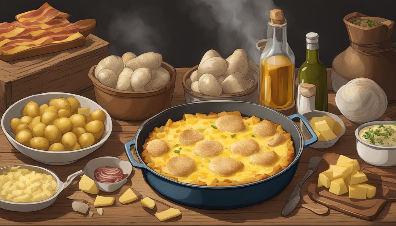 A bubbling pot of tartiflette sits on a rustic wooden table, surrounded by ingredients like potatoes, bacon, onions, and Reblochon cheese. A golden crust forms on top as it bakes in the oven