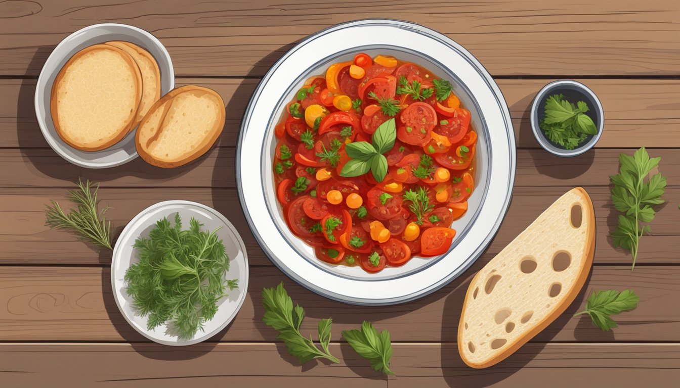 A plate of piperade sits on a rustic wooden table, garnished with fresh herbs and served with a side of crusty bread