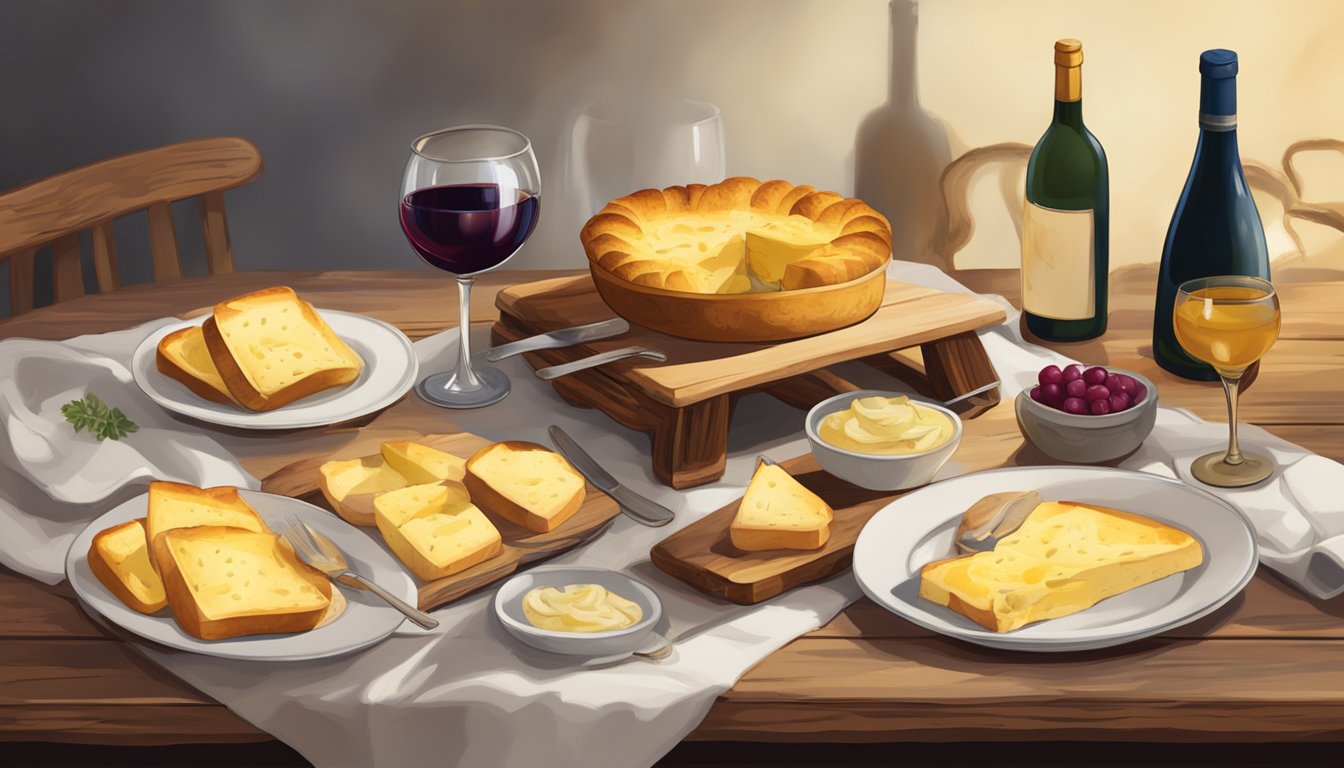 A rustic table set with a steaming tartiflette dish surrounded by wine glasses and a loaf of crusty bread