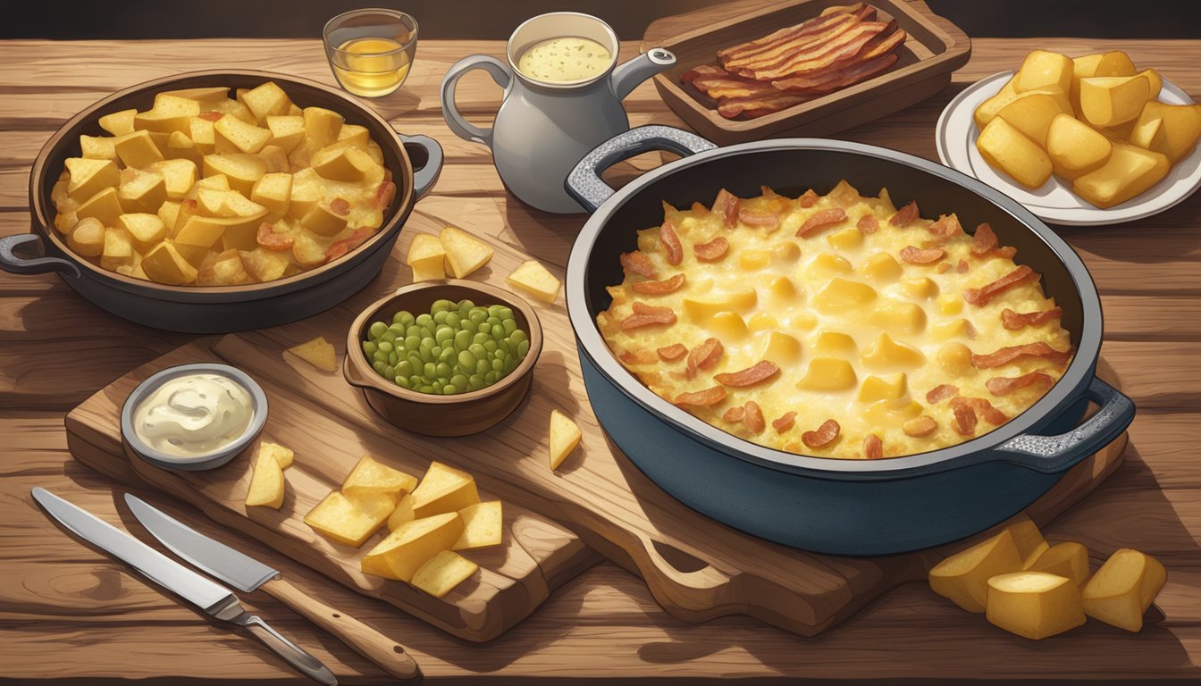 A steaming tartiflette dish sits on a rustic wooden table, surrounded by bubbling cheese, crispy bacon, and golden potatoes