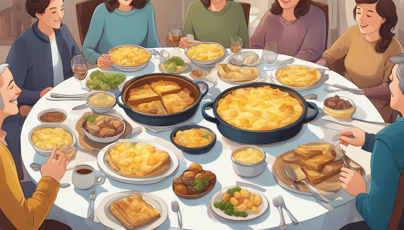 A table set with a steaming dish of tartiflette, surrounded by friends and family sharing the meal