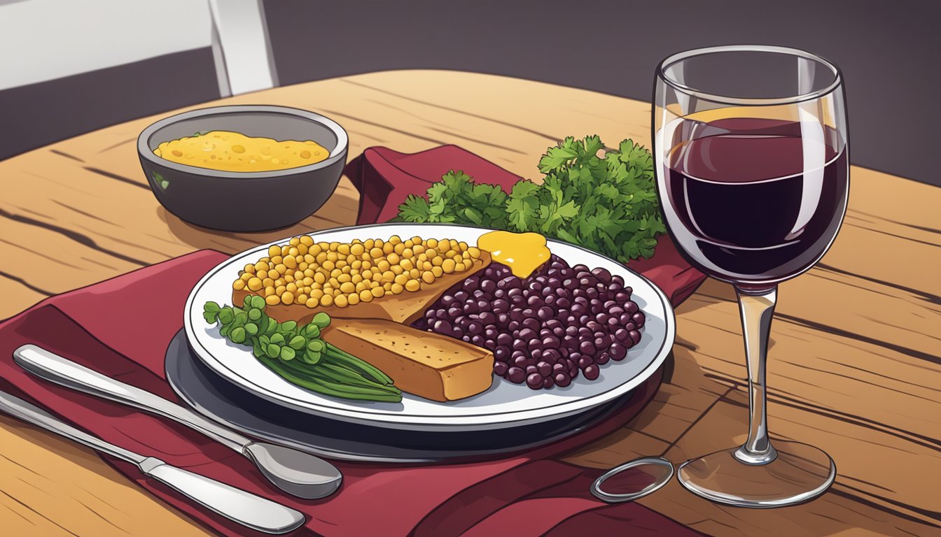 A plate of petit salé aux lentilles with a side of mustard and a glass of red wine on a wooden table