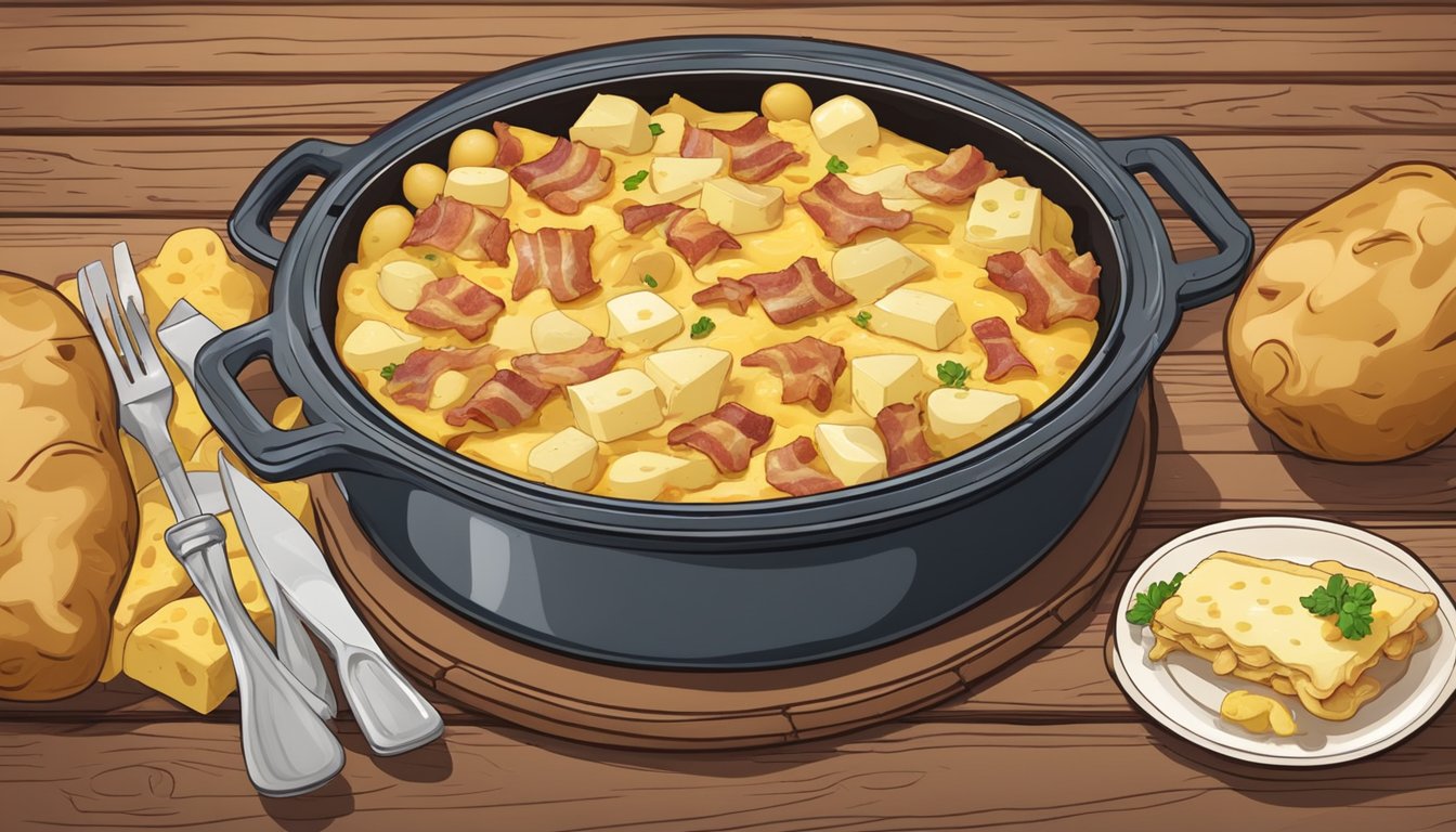 A bubbling tartiflette dish sits on a rustic wooden table, surrounded by potatoes, bacon, and melted cheese