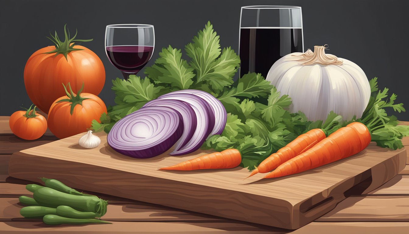 A wooden cutting board with sliced onions, carrots, and garlic, surrounded by whole tomatoes, herbs, and a bottle of red wine