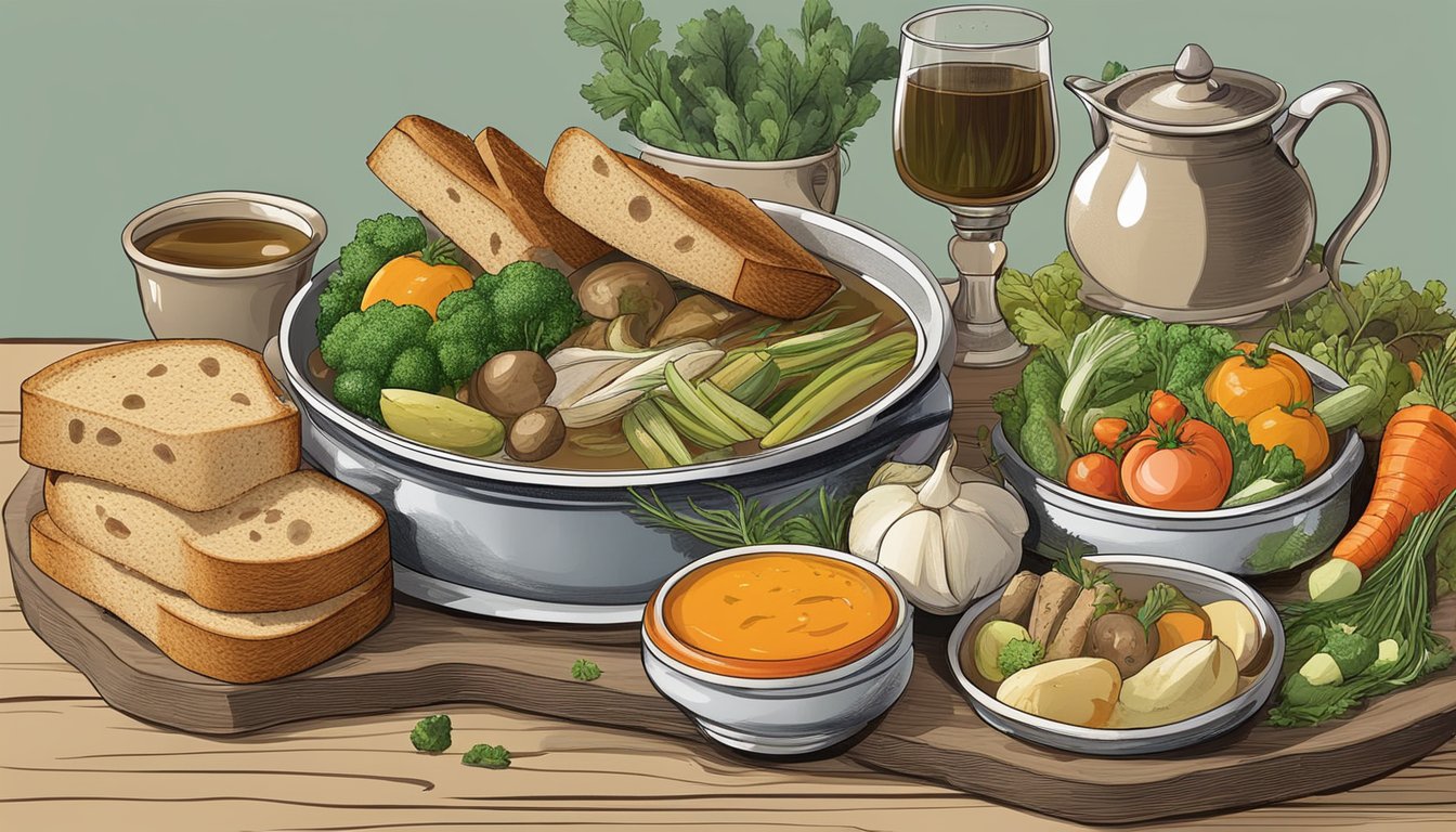 A pot-au-feu dish surrounded by assorted vegetables and a rich broth, with a side of crusty bread