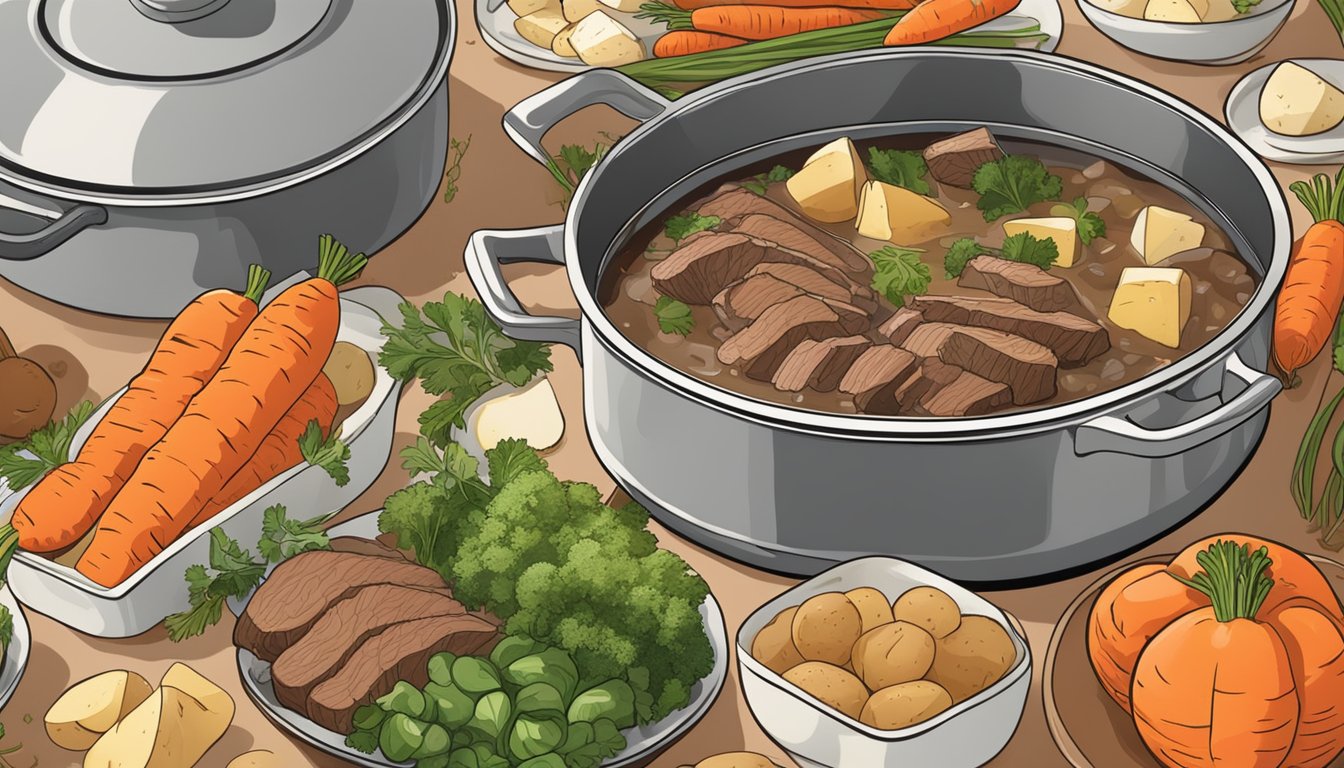 A steaming pot of pot-au-feu surrounded by carrots, potatoes, and tender chunks of beef, with a bowl and spoon ready for serving