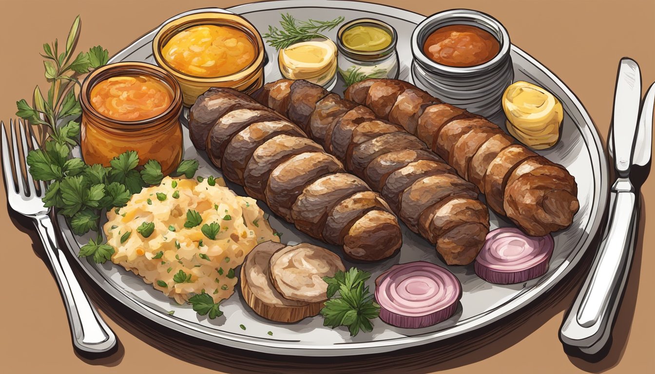 A plate of andouillette surrounded by a variety of condiments and garnishes, with a knife and fork placed neatly beside it