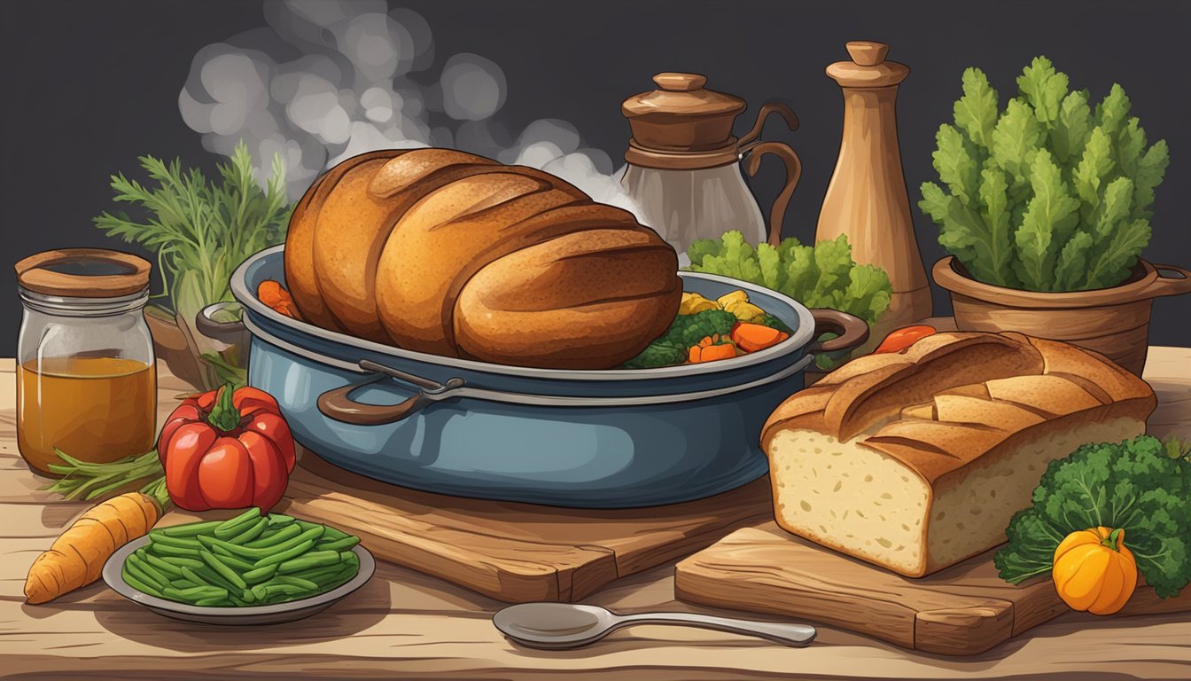 A rustic table set with a steaming pot of daube provençale, surrounded by colorful vegetables and a loaf of crusty bread