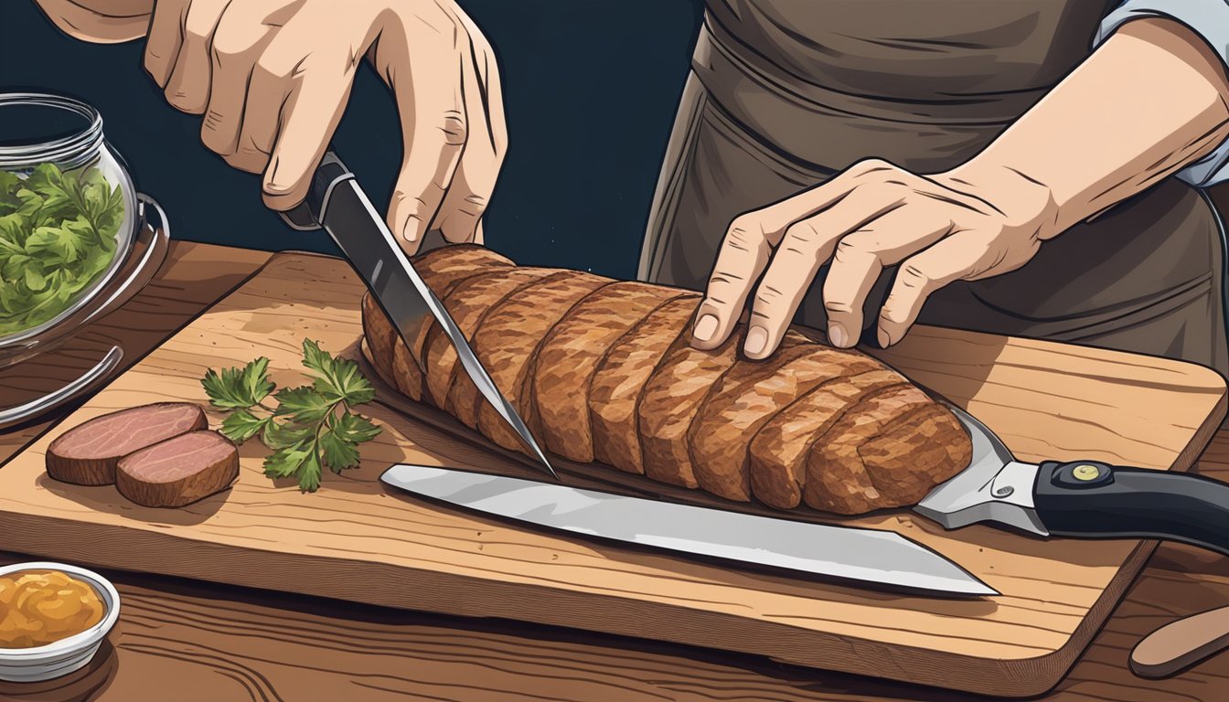 A person slicing andouillette on a cutting board with a knife