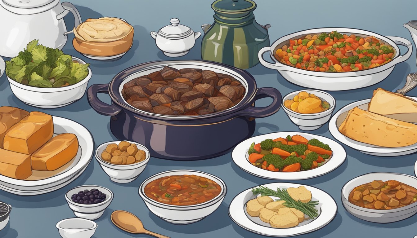 A table set with a steaming pot of daube provençale, surrounded by a variety of side dishes and condiments, showcasing the regional differences in serving this classic French dish