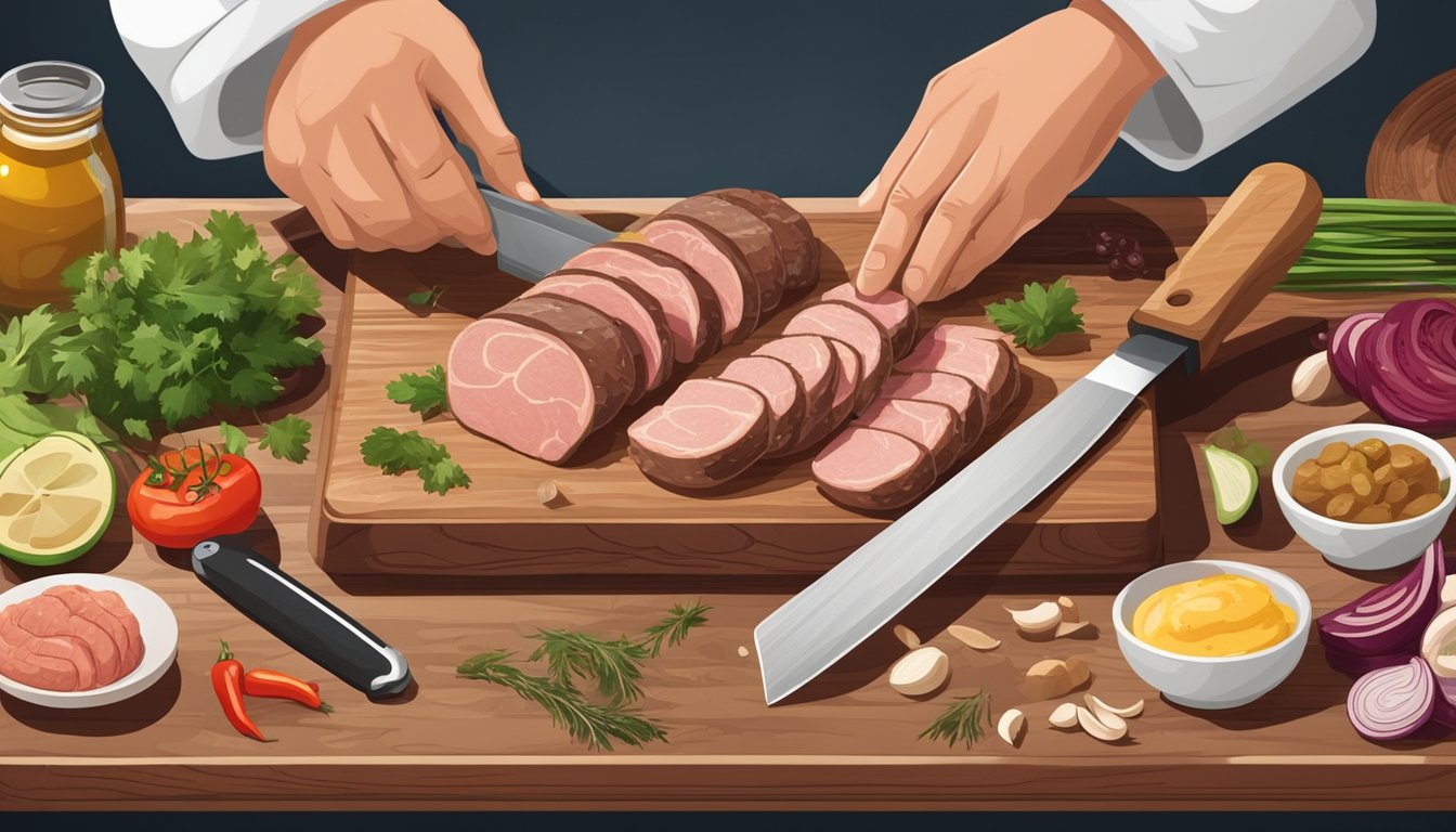 A chef slicing andouillette on a wooden cutting board with a sharp knife, surrounded by various cooking ingredients and utensils