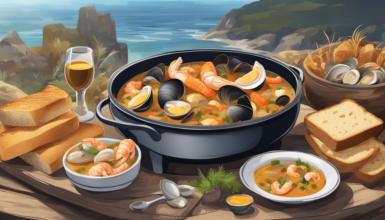 A steaming pot of bouillabaisse surrounded by crusty bread and a variety of seafood on a rustic table by the seaside