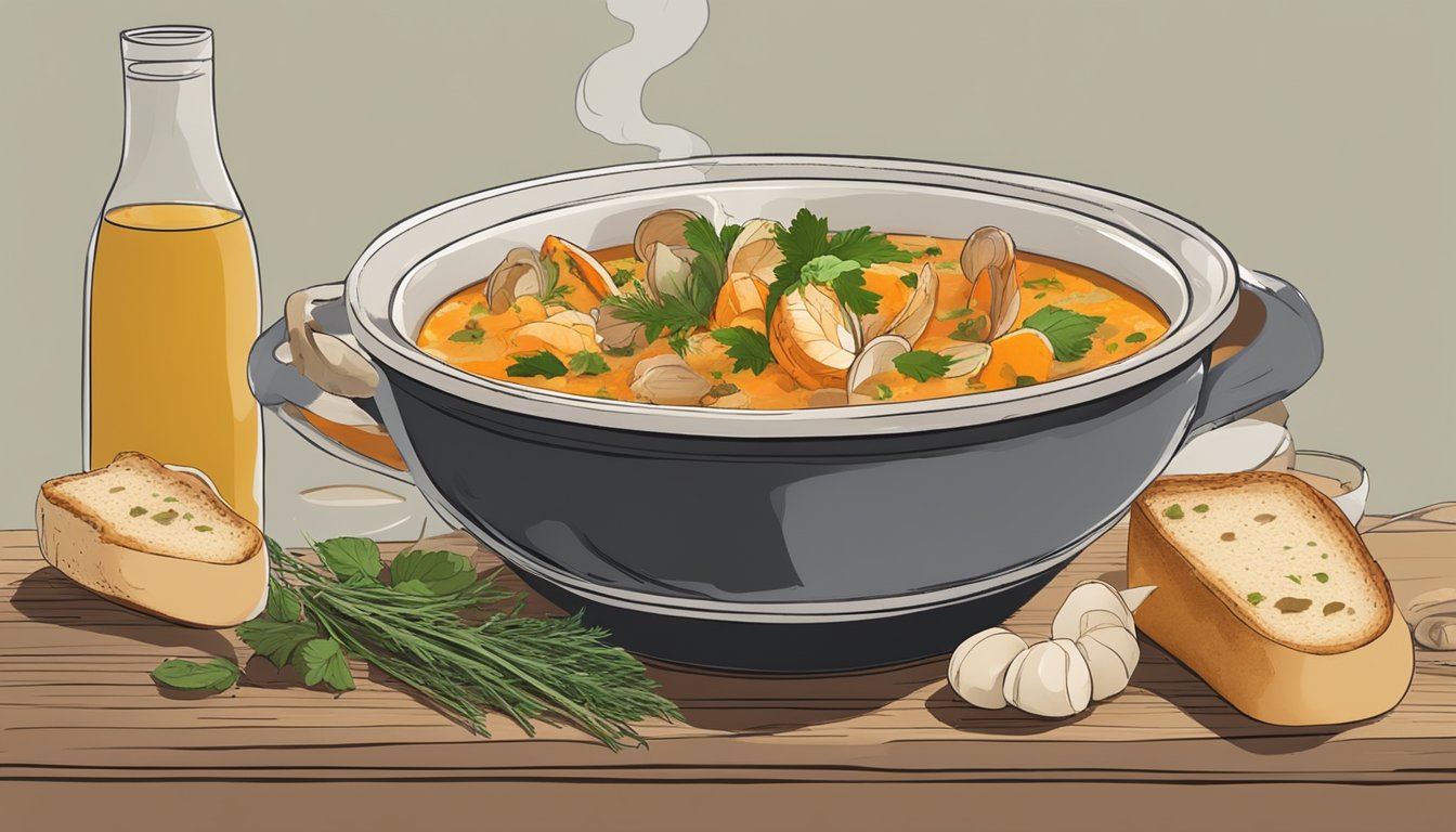 A steaming bowl of bouillabaisse sits on a rustic table, surrounded by a crusty baguette, a dollop of rouille, and a scattering of fresh herbs