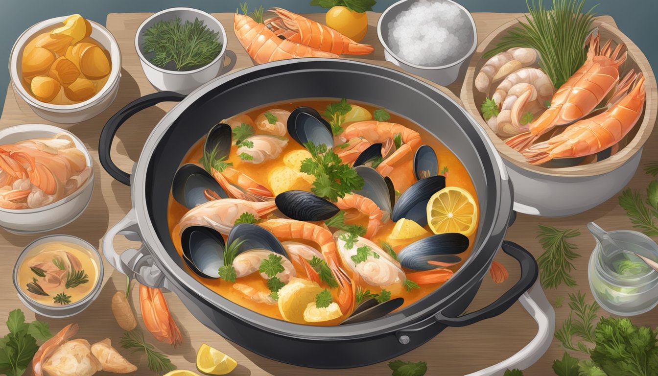 A steaming pot of bouillabaisse simmering on a stovetop, surrounded by a variety of fresh seafood and aromatic herbs and spices