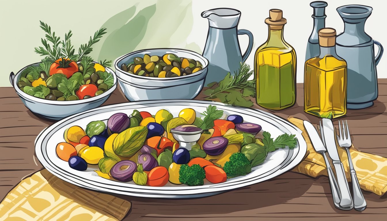 A table set with a colorful array of vegetables, herbs, and olive oil, with a dish of ratatouille niçoise being served onto a plate