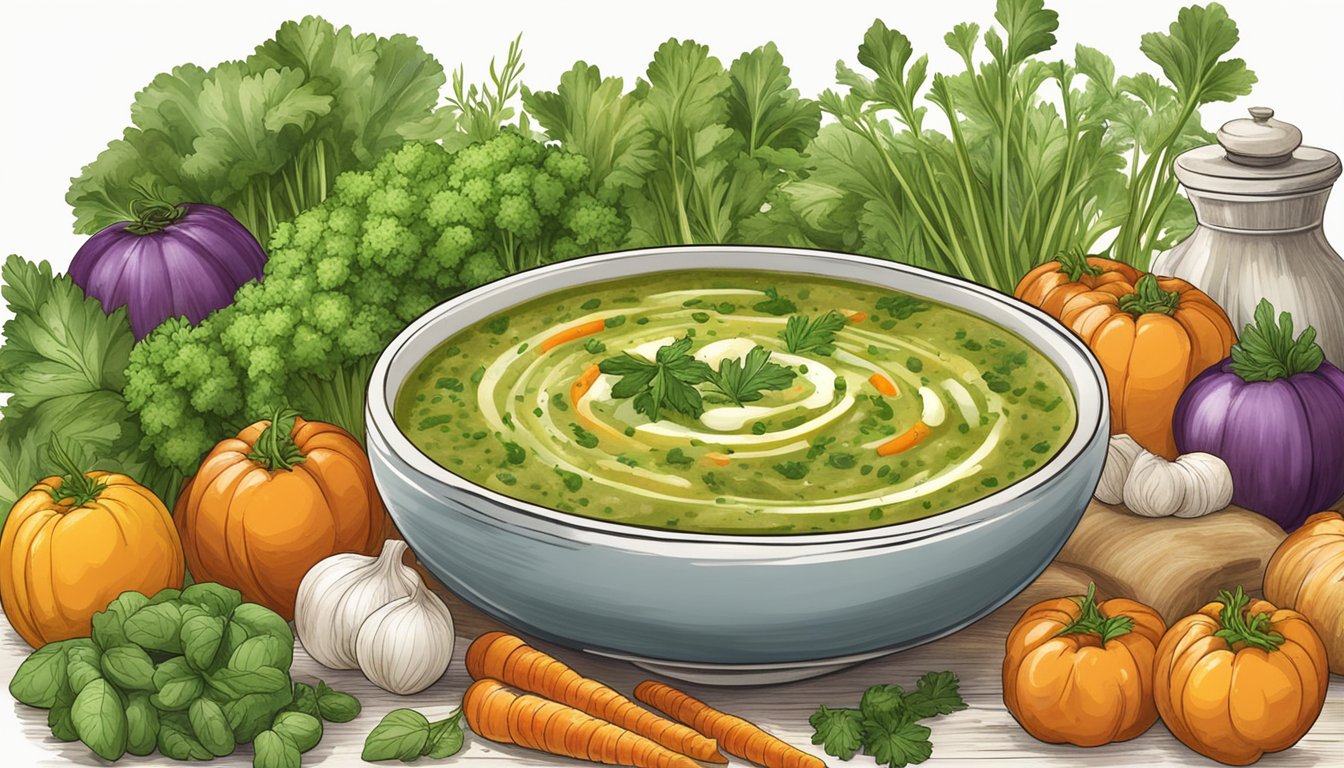 A steaming bowl of soupe au pistou surrounded by fresh vegetables and herbs