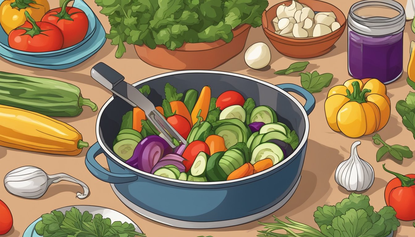 A colorful array of fresh vegetables being sliced, sautéed, and arranged in a pot, ready to be cooked into a delicious ratatouille niçoise