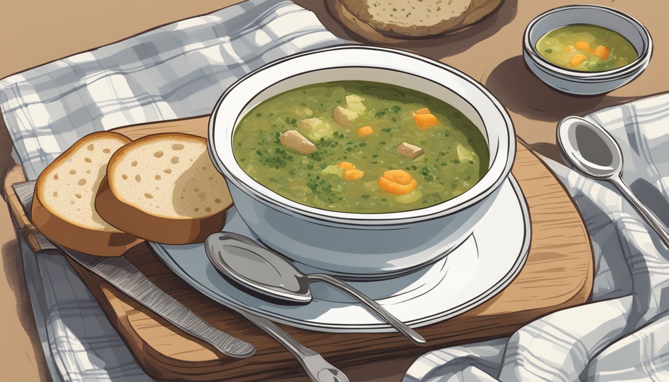 A person places a bowl of soupe au pistou on a table, alongside a spoon and a slice of crusty bread