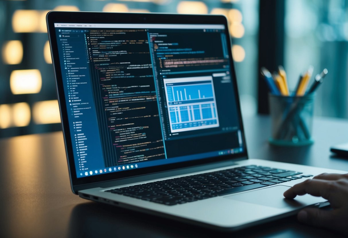 A laptop displaying lines of code with a bug tracker and testing tools open on the screen