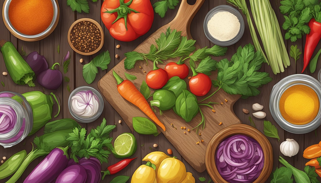 A colorful assortment of fresh vegetables and herbs arranged on a wooden cutting board, with various jars of spices and seasonings scattered around