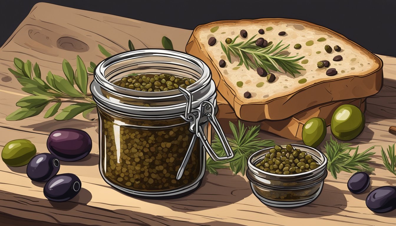 A jar of tapenade sits on a rustic wooden table, surrounded by olives, capers, and herbs. A small knife is poised to spread the savory paste onto a slice of crusty bread