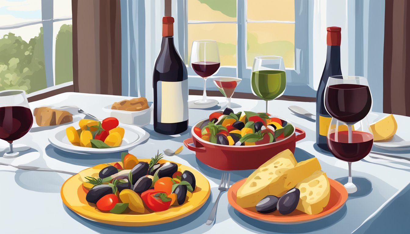 A table set with a colorful plate of ratatouille niçoise and a glass of red wine