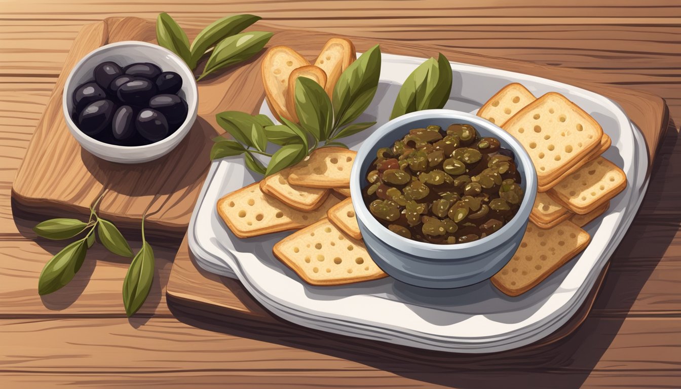 A small dish of tapenade sits on a wooden cutting board, surrounded by sliced baguette and crackers. A jar of olives and a bottle of olive oil are nearby