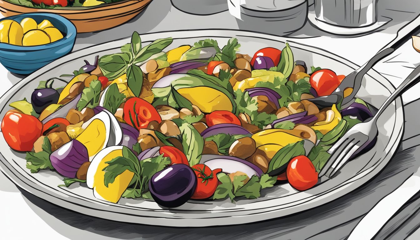 A plate of ratatouille niçoise being enjoyed at an outdoor cafe, with a fork spearing a colorful mix of vegetables