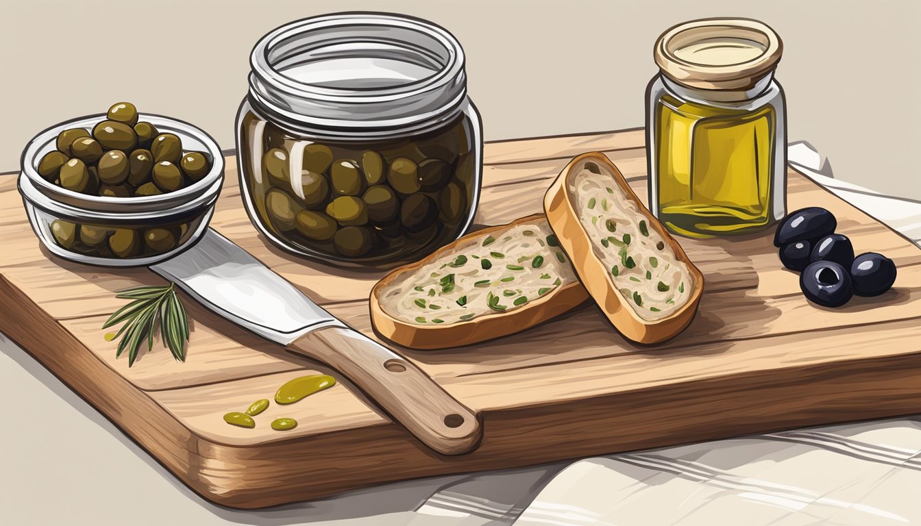 A small dish of tapenade sits on a wooden cutting board next to a sliced baguette, a bowl of olives, and a jar of olive oil