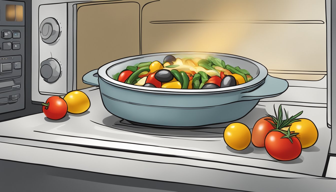 A bowl of ratatouille niçoise being heated in a microwave