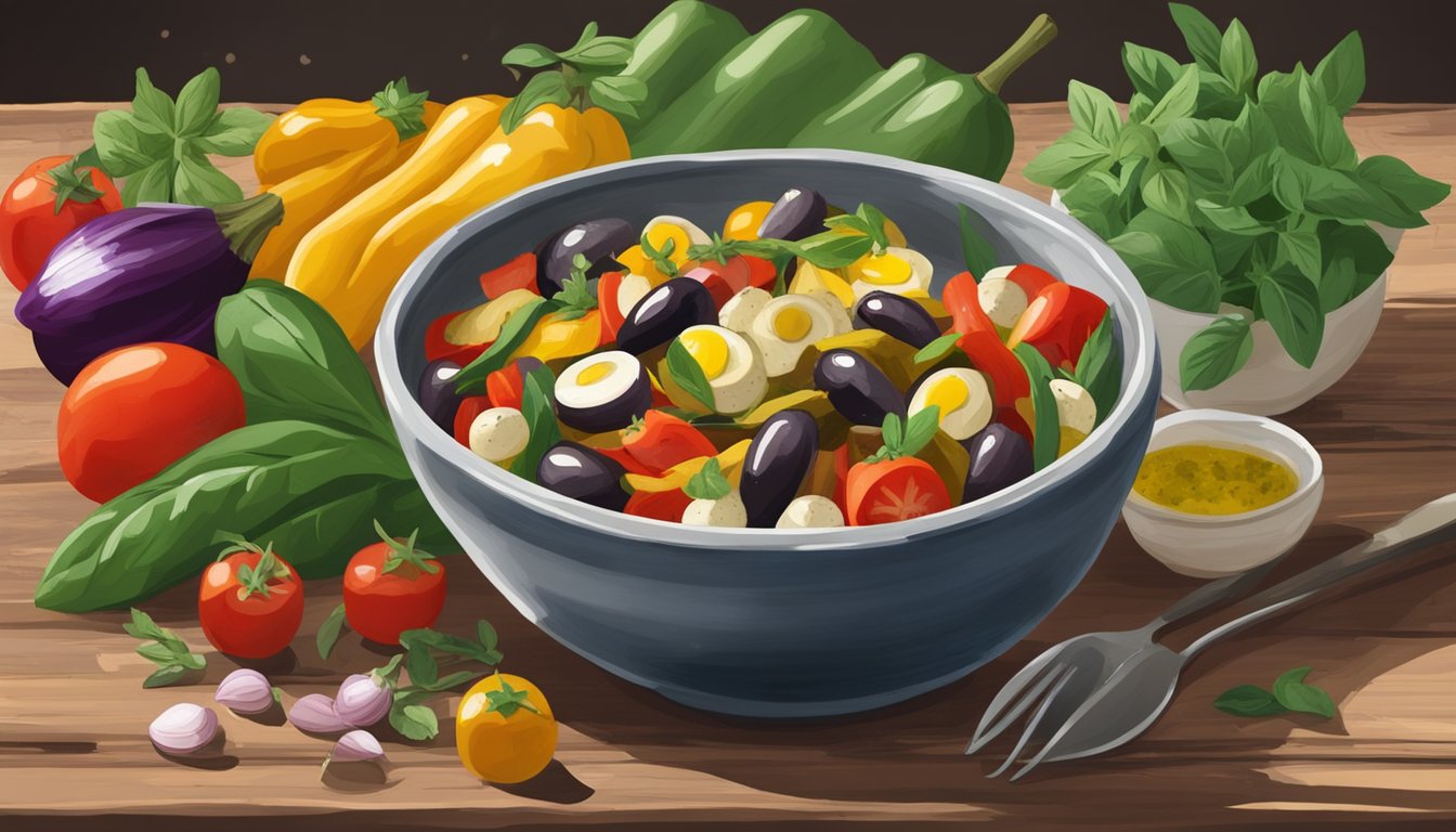 A bowl of ratatouille niçoise sits on a rustic table, surrounded by colorful vegetables and herbs. The dish is topped with a drizzle of olive oil and a sprinkle of fresh basil