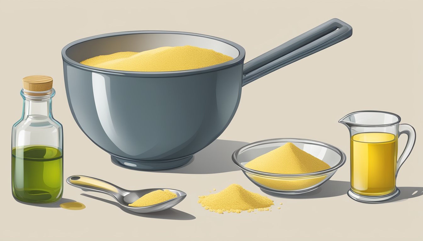 A bowl of chickpea flour, water, and olive oil mixed together with a whisk. A measuring cup and spoon sit nearby