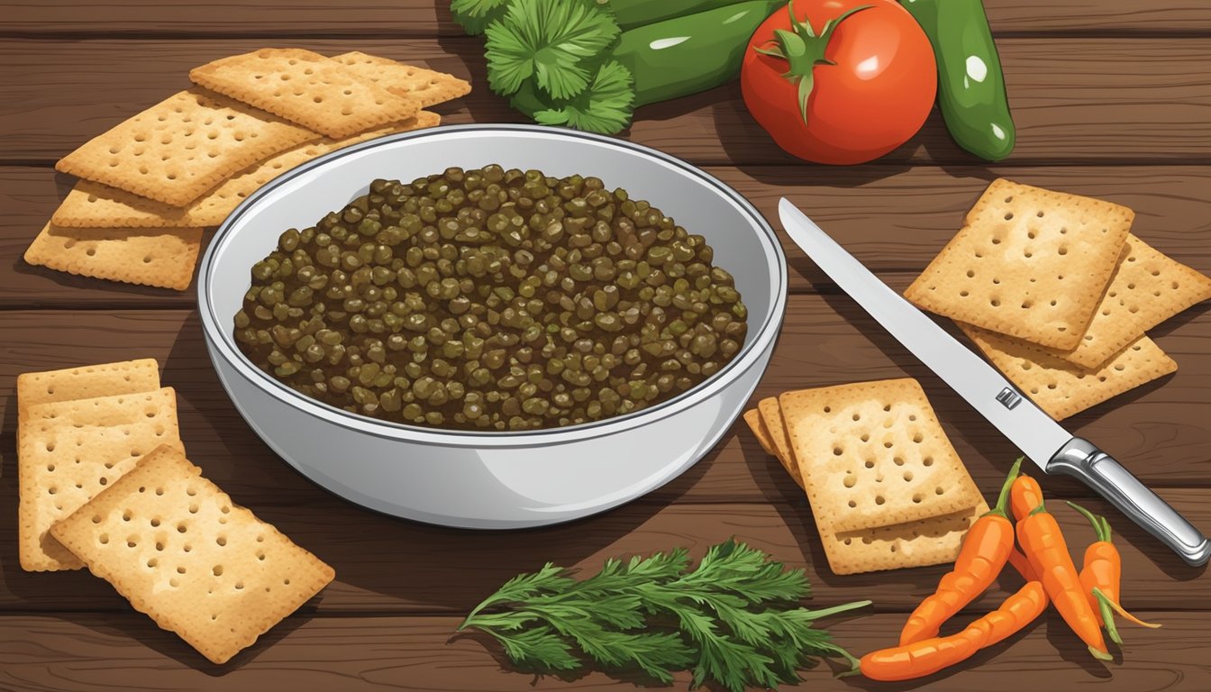 A bowl of tapenade sits next to a plate of assorted crackers and vegetables on a wooden table. A small spreader knife is nearby