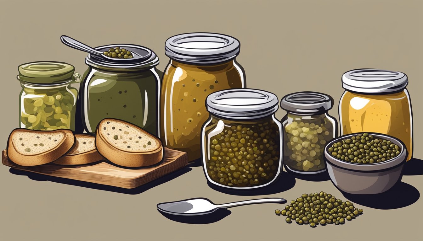 A jar of tapenade sits on a shelf next to other preserved foods, surrounded by jars of olives and capers. A spoonful of tapenade is spread on a slice of crusty bread