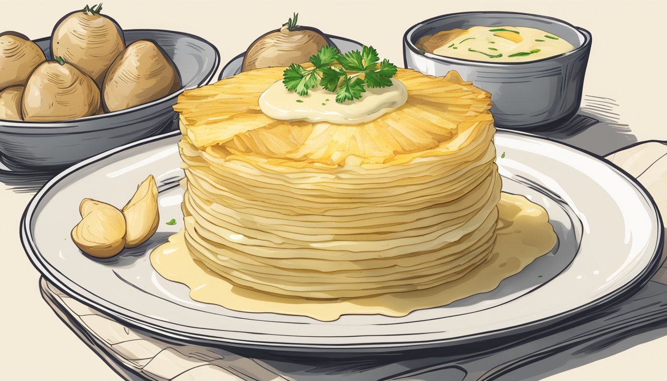 A steaming dish of gratin dauphinois being served onto a plate, with layers of thinly sliced potatoes and creamy sauce visible