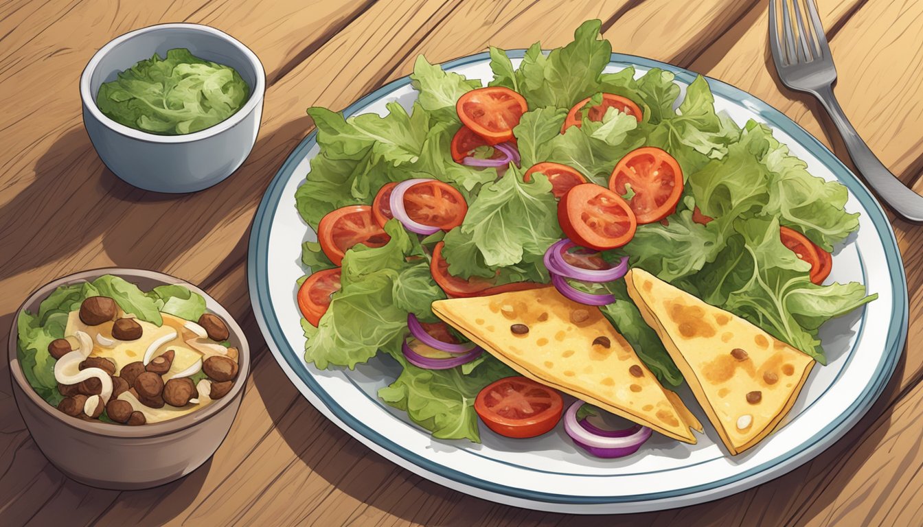 A plate of socca with toppings and a side salad on a wooden table