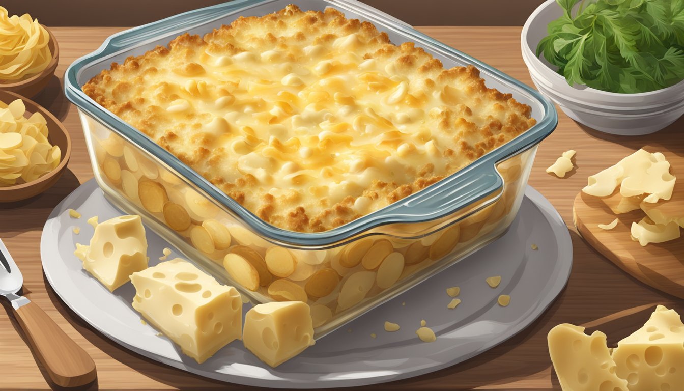 A baking dish of creamy sliced potatoes layered with cheese and garlic, topped with a golden brown crust