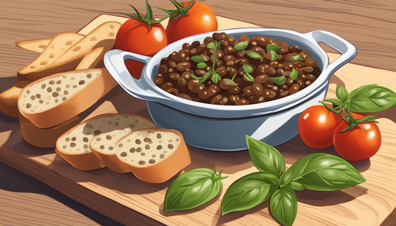 A small dish of tapenade sits on a wooden cutting board, surrounded by sliced baguette, cherry tomatoes, and fresh basil leaves