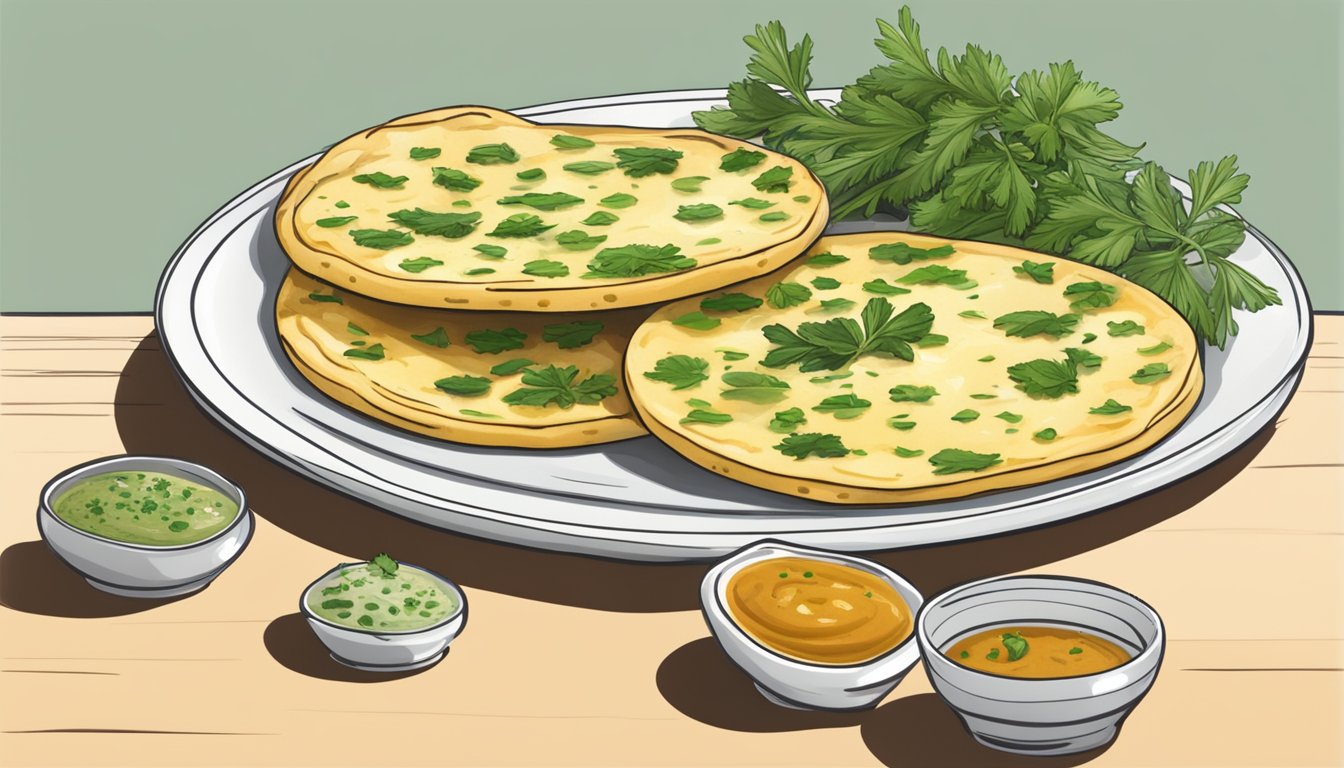 A plate of socca topped with fresh herbs and a side of dipping sauce