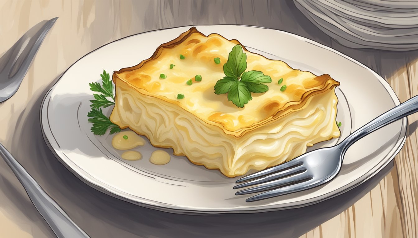 A fork piercing a creamy slice of gratin dauphinois on a plate