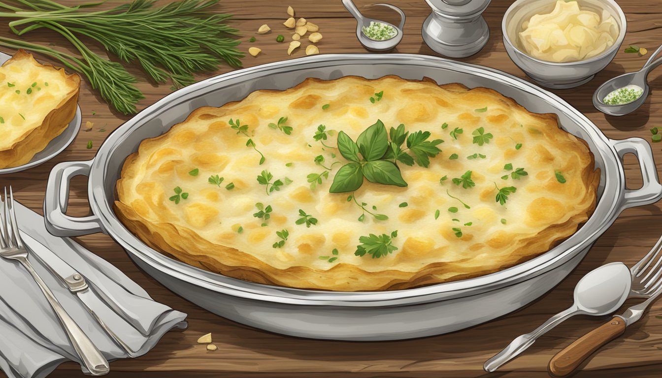 A steaming dish of gratin dauphinois on a rustic wooden table, surrounded by elegant silverware and a sprig of fresh herbs