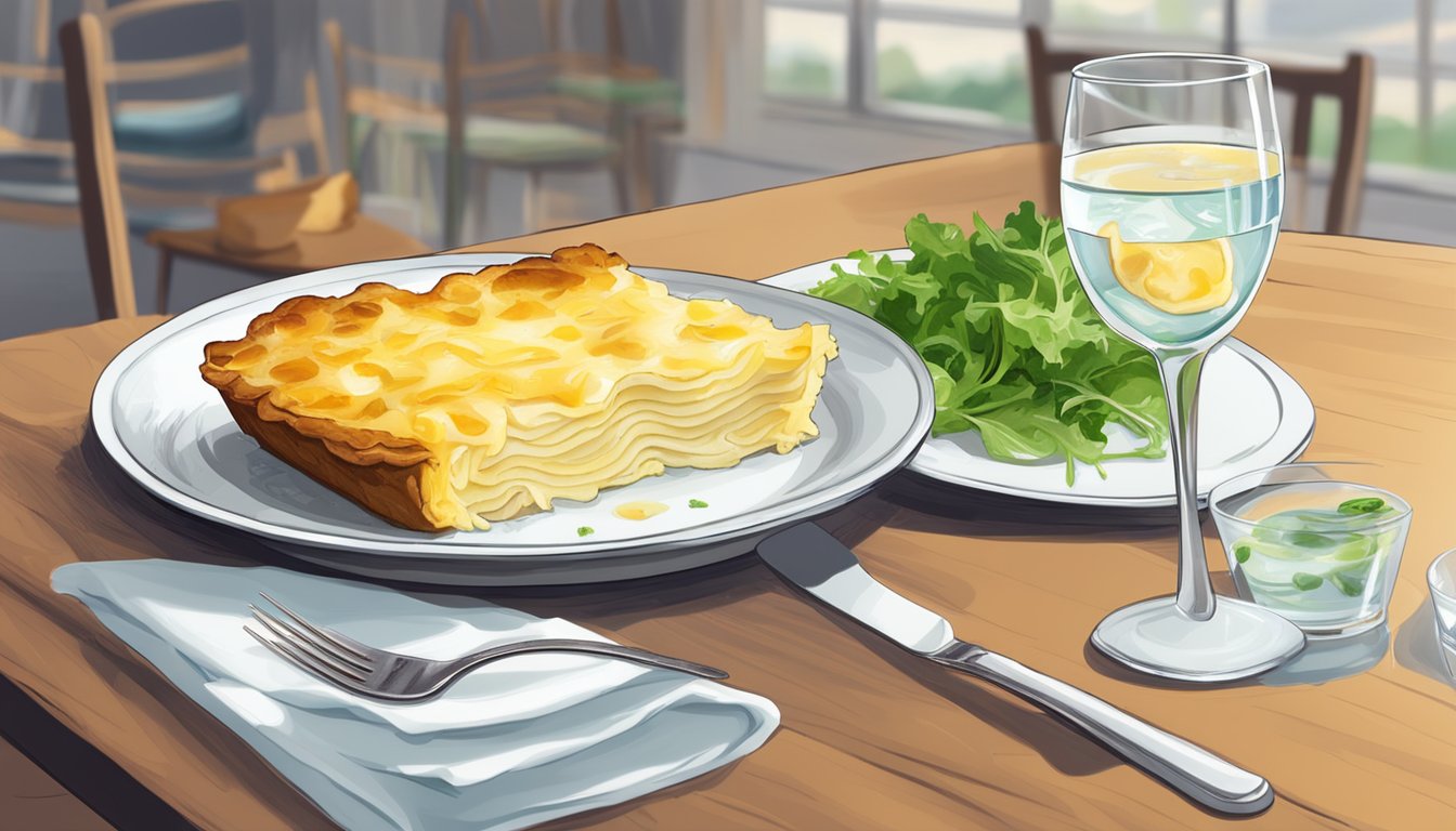 A plate of gratin dauphinois with a fork piercing a creamy potato slice. A side of green salad and a glass of water on the table