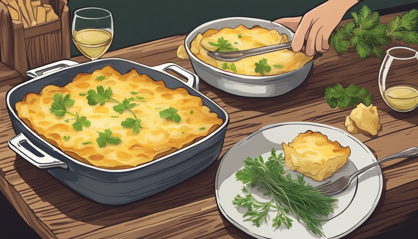 A person preparing and serving a dish of gratin dauphinois on a rustic wooden table, with a side of fresh herbs and a glass of wine