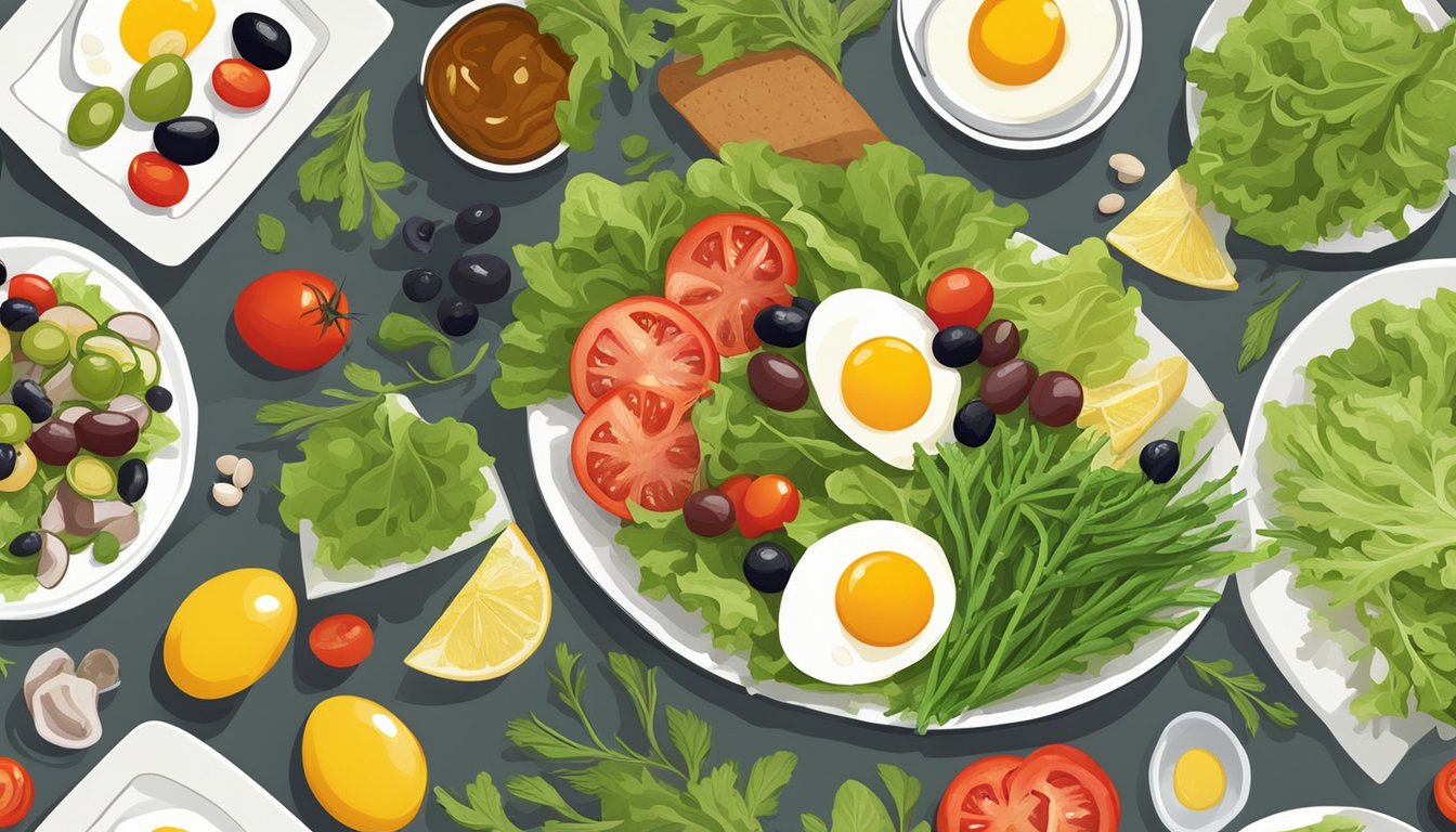 A table set with a colorful array of ingredients for salade niçoise: lettuce, tomatoes, eggs, tuna, olives, and green beans, arranged in an artful display