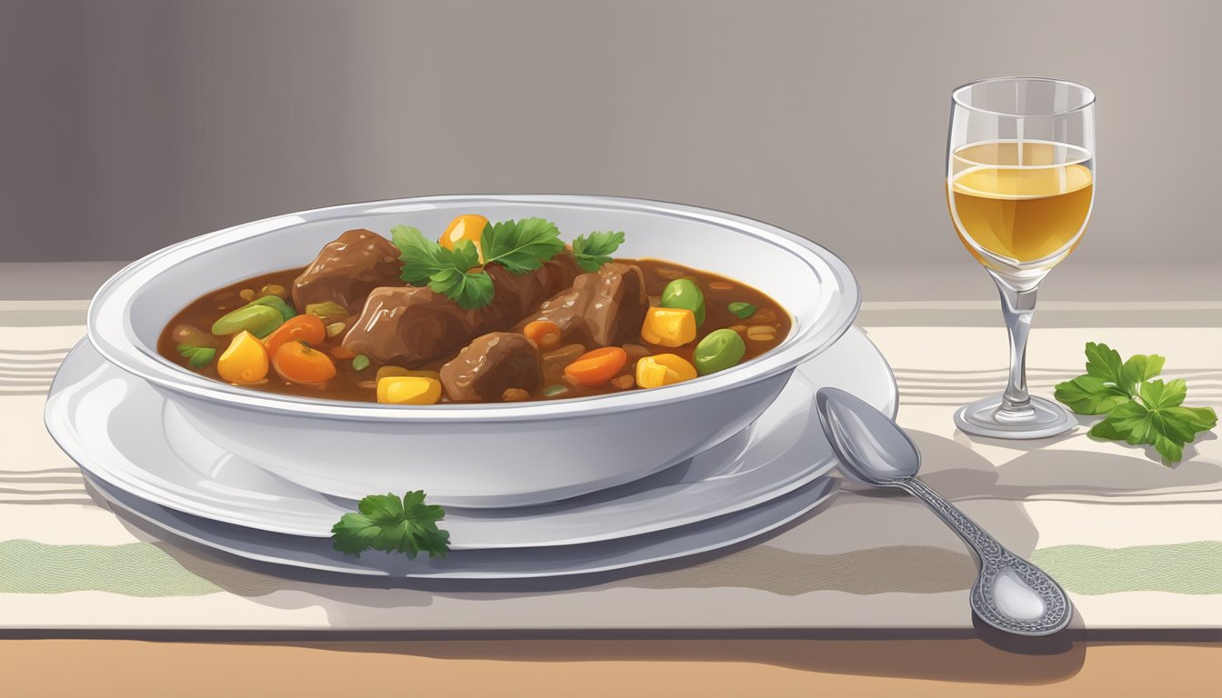 A table set with a bowl of navarin d'agneau, a spoon, and a napkin