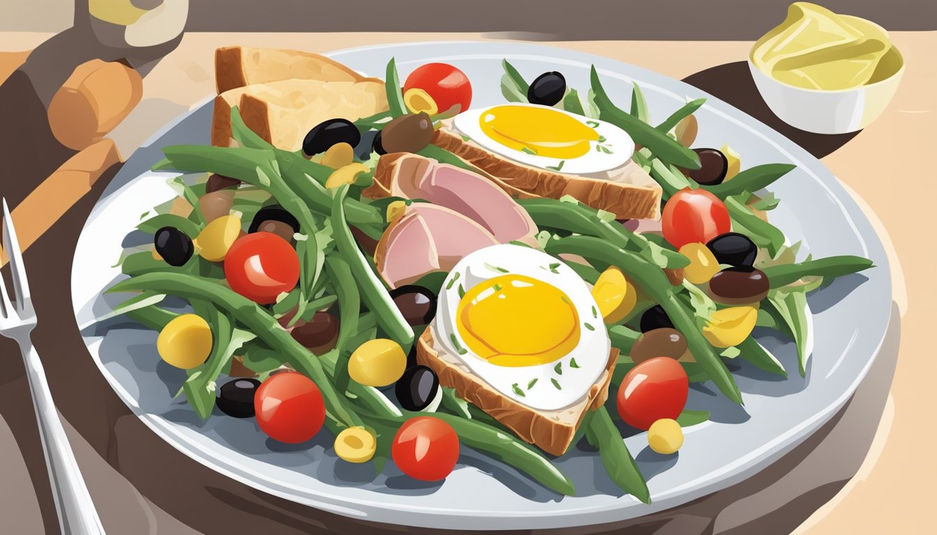 A table set with a plate of salade niçoise, featuring tuna, eggs, olives, green beans, and tomatoes, served alongside a vinaigrette dressing