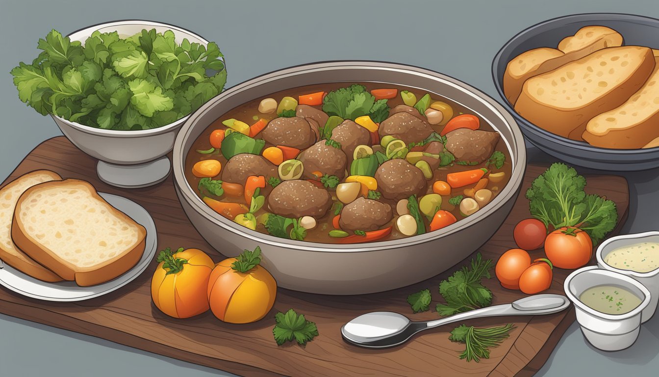 A steaming bowl of navarin d'agneau surrounded by fresh vegetables and herbs, with a side of crusty bread